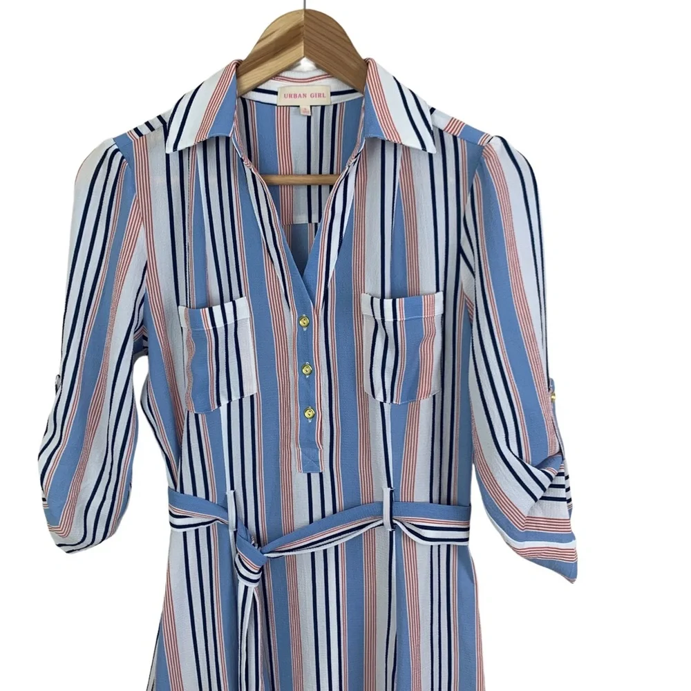 Urban Girl Women’s Belted Cargo Shirt Dress Tunic Mini Tie Waist Stripe Small - Picture 4 of 16